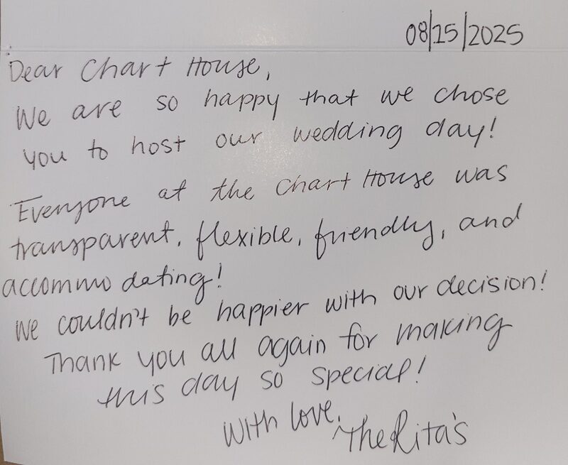 Handwritten thank-you note from The Ritas saying they were so happy they chose The Chart House to host their August 2025 wedding day in Lakeville, MN