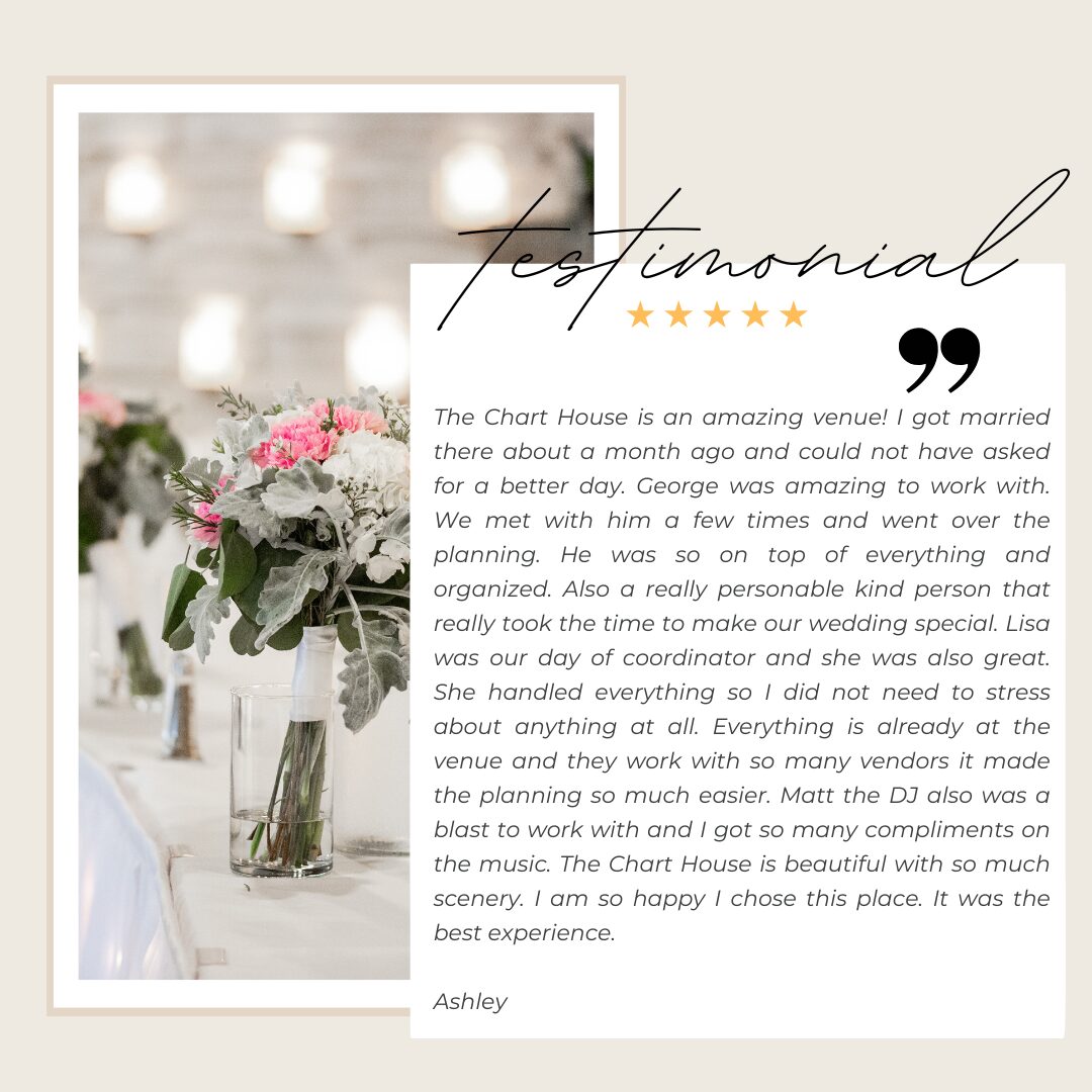 Five-star testimonial from Ashley praising George and day-of coordinator Lisa after her wedding at The Chart House, Lakeville MN