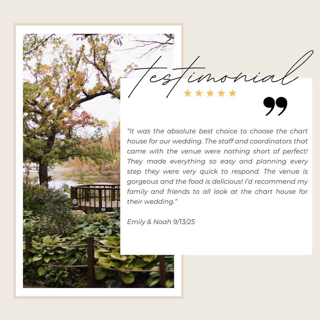 Five-star testimonial from Emily & Noah calling The Chart House the absolute best choice for their September 2025 wedding in Lakeville MN