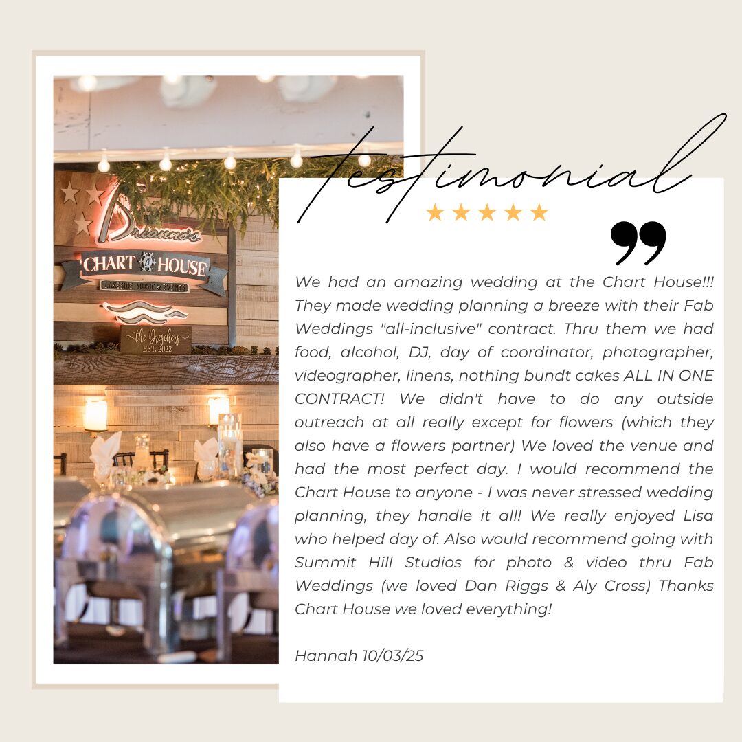 Five-star testimonial from Hannah praising the Fab! Weddings all-inclusive contract at The Chart House, Lakeville MN, October 2025