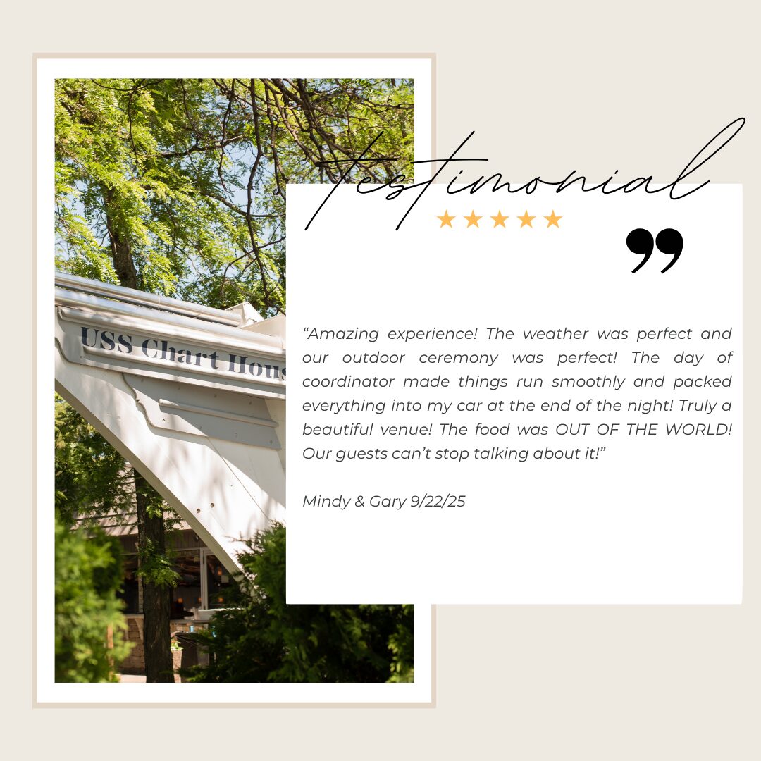 Five-star testimonial from Mindy & Gary praising their outdoor ceremony and the food at The Chart House, Lakeville MN, September 2025