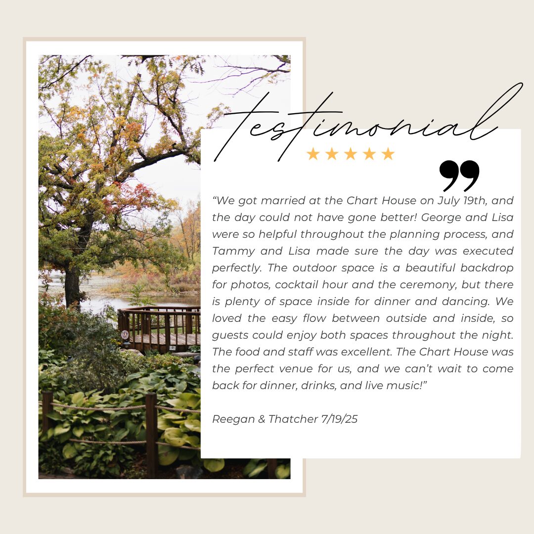 Five-star testimonial from Reegan & Thatcher praising George, Lisa and Tammy and the indoor-outdoor flow at The Chart House, Lakeville MN, July 2025