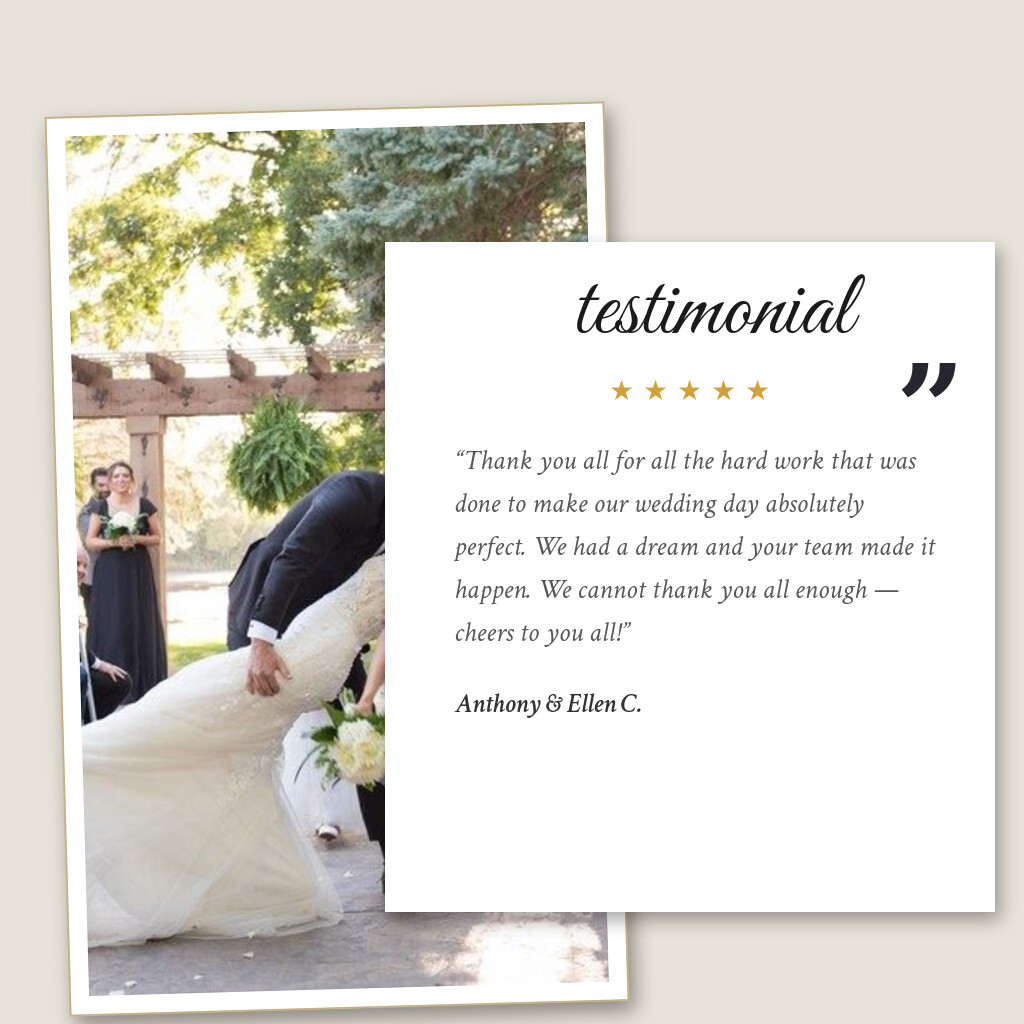 Five-star wedding testimonial from Anthony & Ellen C. for The Chart House in Lakeville, MN: “Thank you all for all the hard work that was done to make our wedding day absolutely perfect. We had a dream and your…”