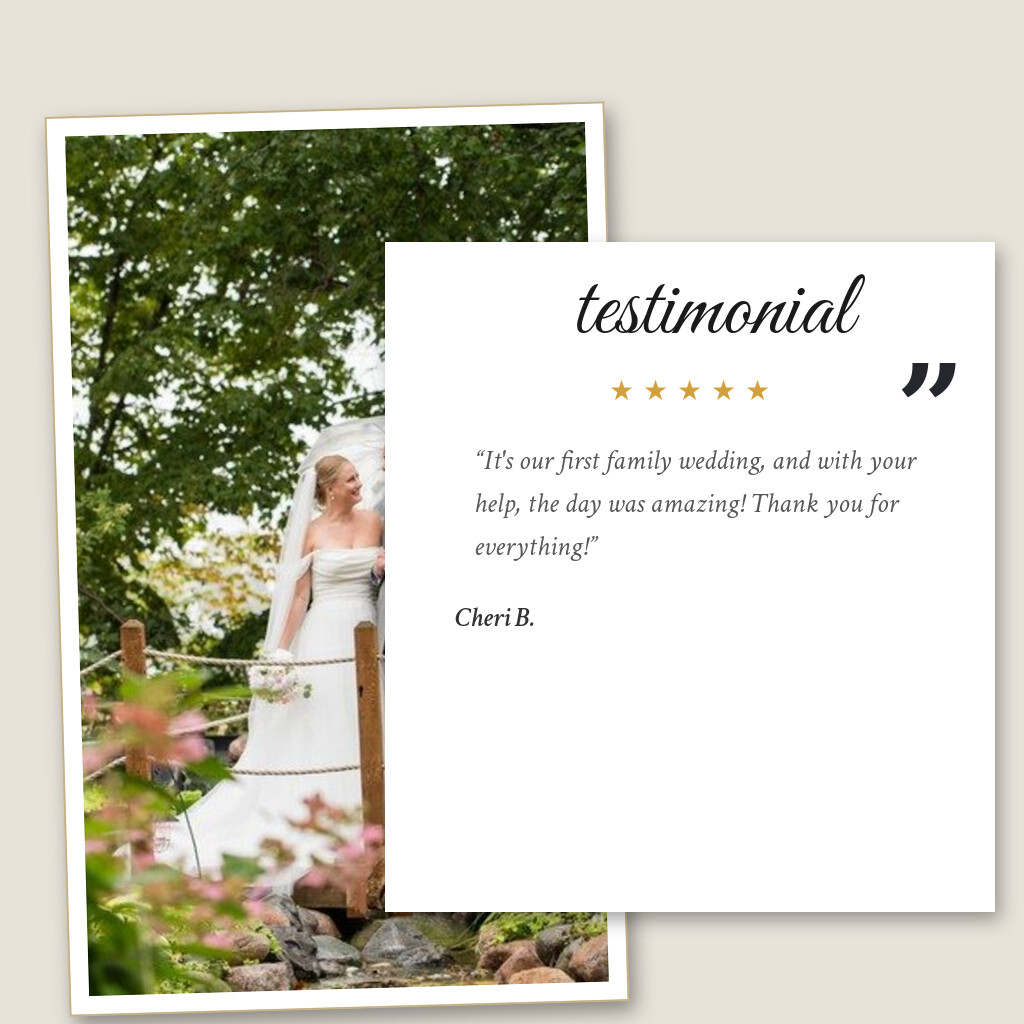 Five-star wedding testimonial from Cheri B. for The Chart House in Lakeville, MN: “It's our first family wedding, and with your help, the day was amazing! Thank you for everything!”