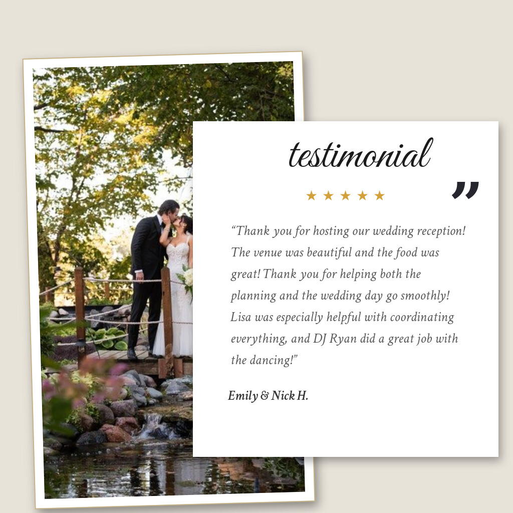 Five-star wedding testimonial from Emily & Nick H. for The Chart House in Lakeville, MN: “Thank you for hosting our wedding reception! The venue was beautiful and the food was great! Thank you for helping…”