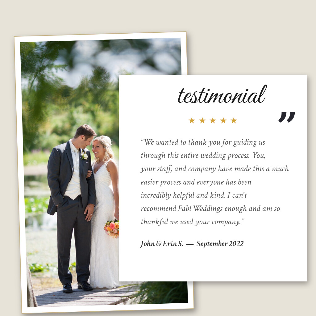 Five-star wedding testimonial from John & Erin S. for The Chart House in Lakeville, MN, September 2022: “We wanted to thank you for guiding us through this entire wedding process. You, your staff, and company have made…”