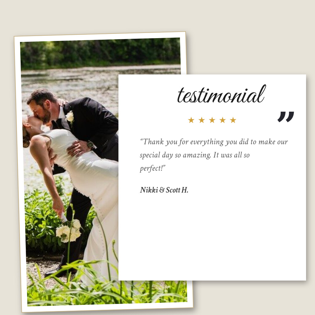 Five-star wedding testimonial from Nikki & Scott H. for The Chart House in Lakeville, MN: “Thank you for everything you did to make our special day so amazing. It was all so perfect!”