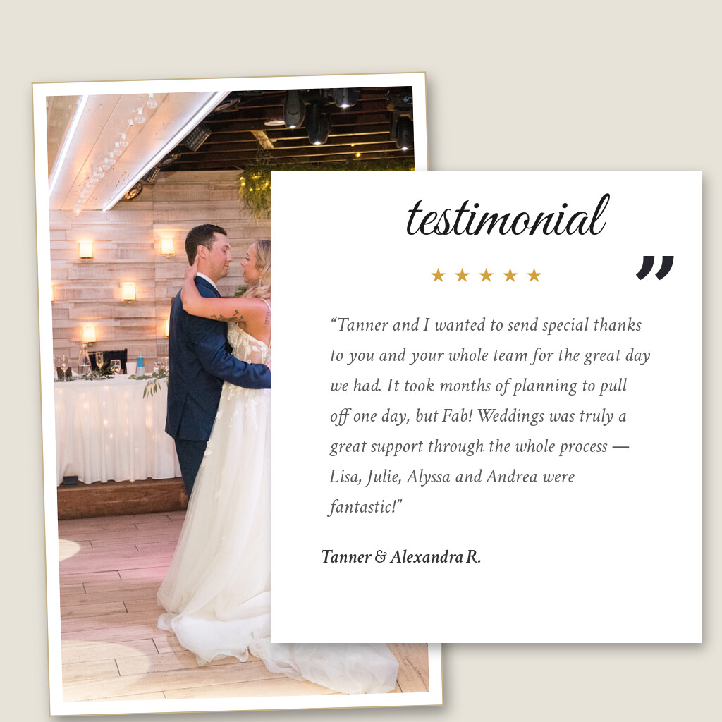 Five-star wedding testimonial from Tanner & Alexandra R. for The Chart House in Lakeville, MN: “Tanner and I wanted to send special thanks to you and your whole team for the great day we had. It took months of…”