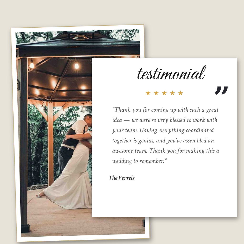 Five-star wedding testimonial from The Ferrels for The Chart House in Lakeville, MN: “Thank you for coming up with such a great idea — we were so very blessed to work with your team. Having everything…”