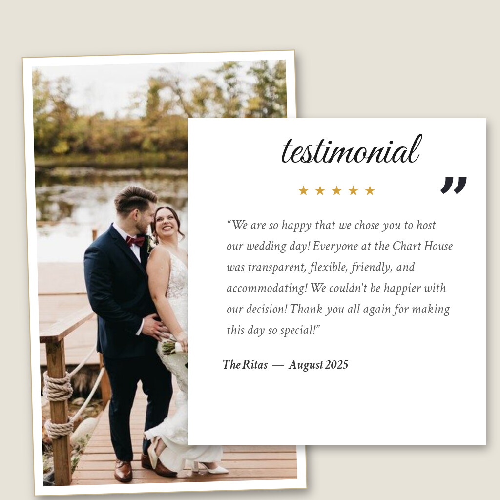 Five-star wedding testimonial from The Ritas for The Chart House in Lakeville, MN, August 2025: “We are so happy that we chose you to host our wedding day! Everyone at the Chart House was transparent, flexible…”