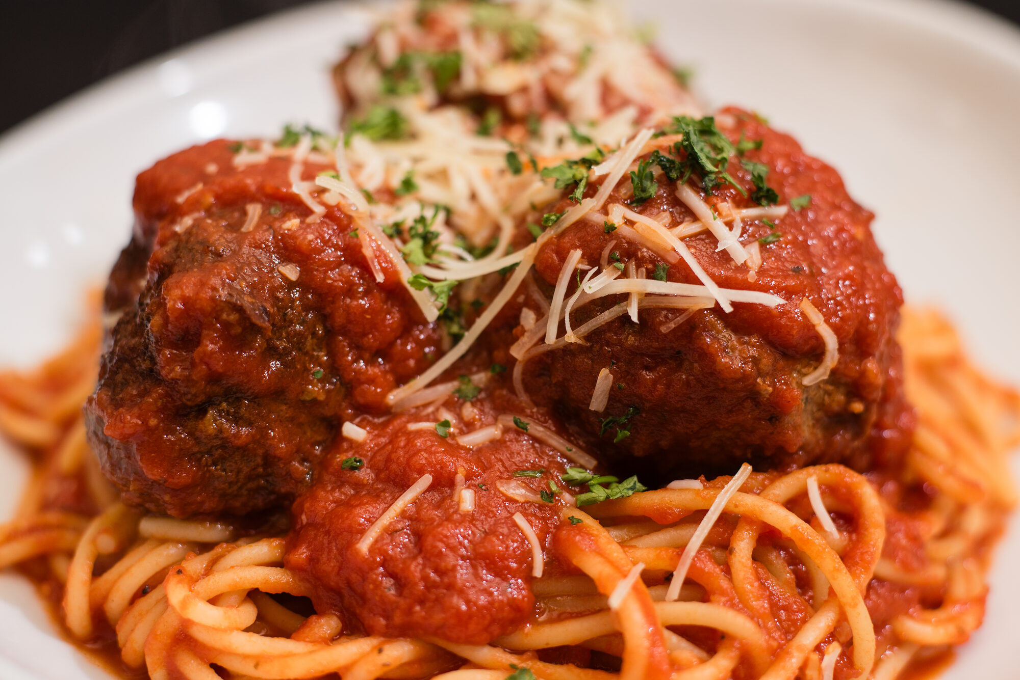 Spaghetti and meatballs with marinara and parmesan from Brianno's Catering