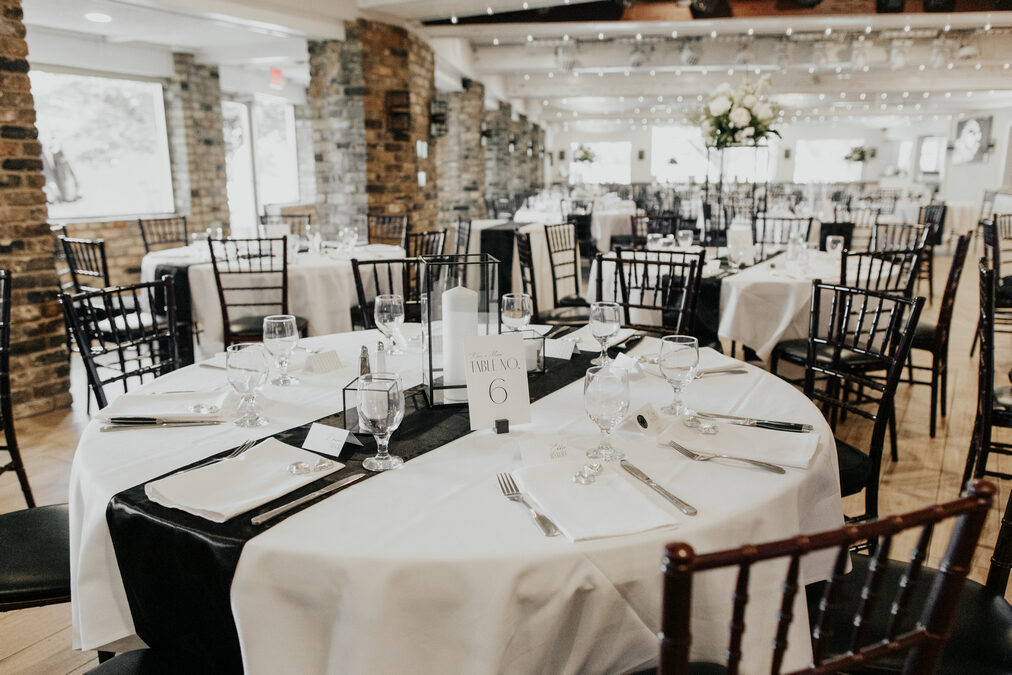 The Kingsley Ballroom set with tables and linens at The Chart House in Lakeville, MN
