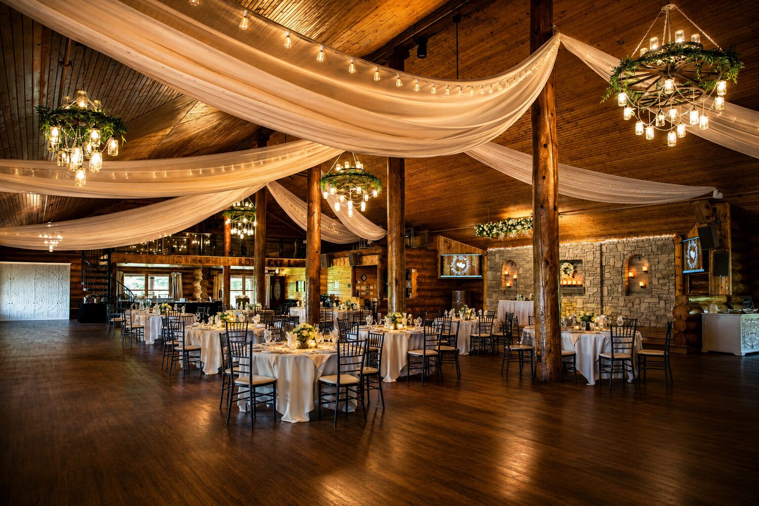 The draped ballroom at Glenhaven Events in Farmington, MN set for a wedding reception with chandeliers and string lights