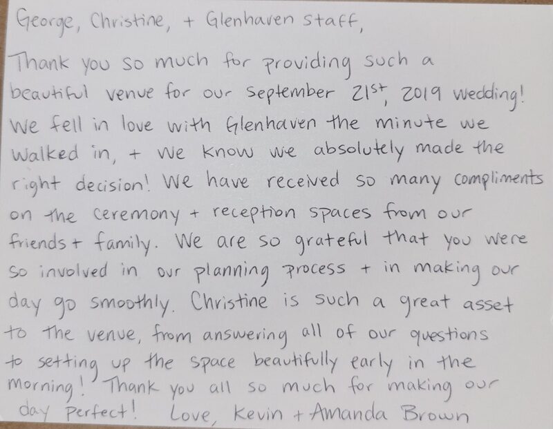 Handwritten thank-you note from Kevin & Amanda Brown saying they fell in love with Glenhaven Events the minute they walked in, thanking George and Christine for their September 2019 wedding in Farmington, MN