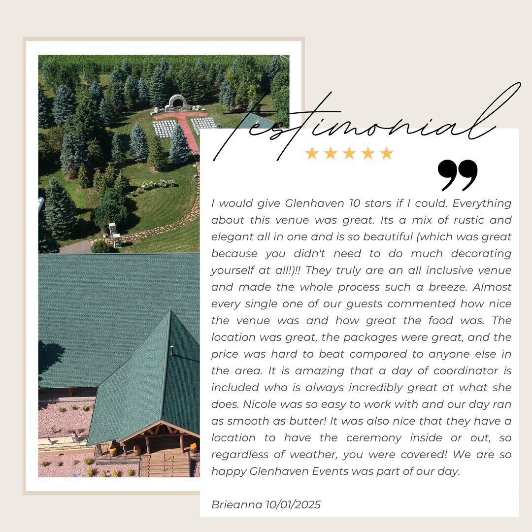 Five-star testimonial from Brieanna calling Glenhaven a rustic-elegant all-inclusive venue with an included day-of coordinator, Farmington MN, October 2025