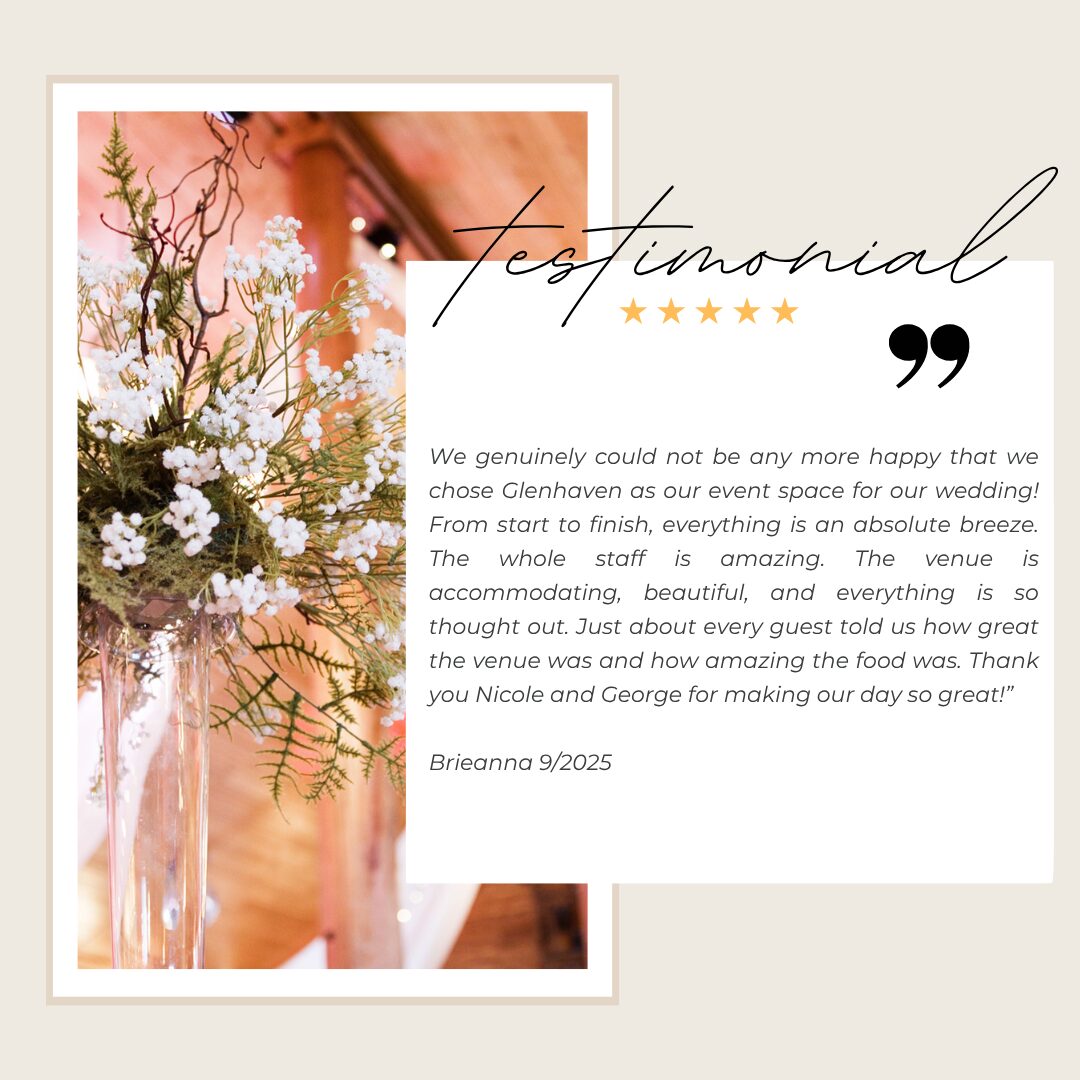 Five-star testimonial from Brieanna praising the staff, food and thoughtful details at Glenhaven Events, Farmington MN, September 2025