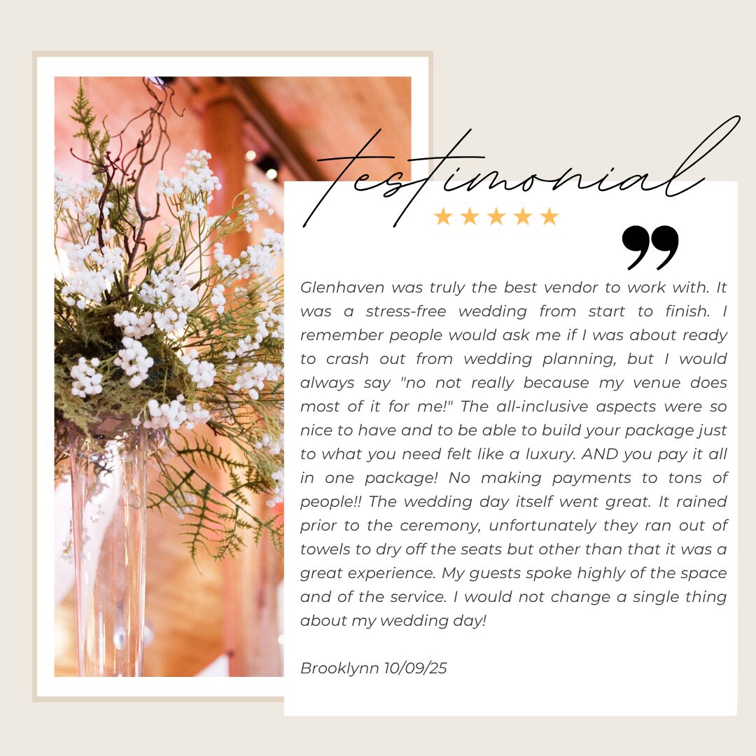 Five-star testimonial from Brooklynn praising the stress-free all-inclusive package at Glenhaven Events, Farmington MN, October 2025