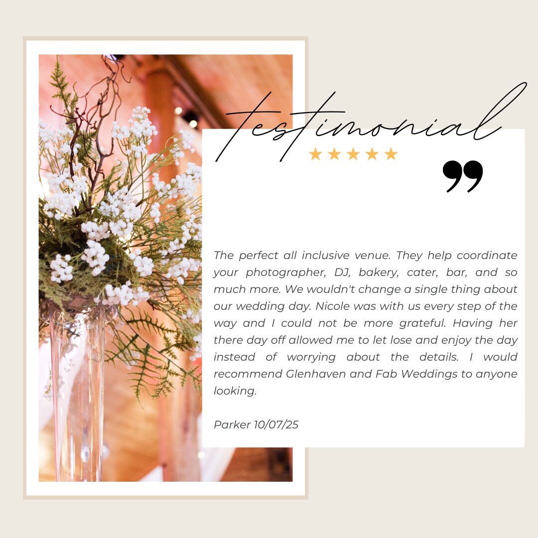 Five-star testimonial from Parker praising Nicole and the all-inclusive Fab! Weddings coordination at Glenhaven Events, Farmington MN, October 2025