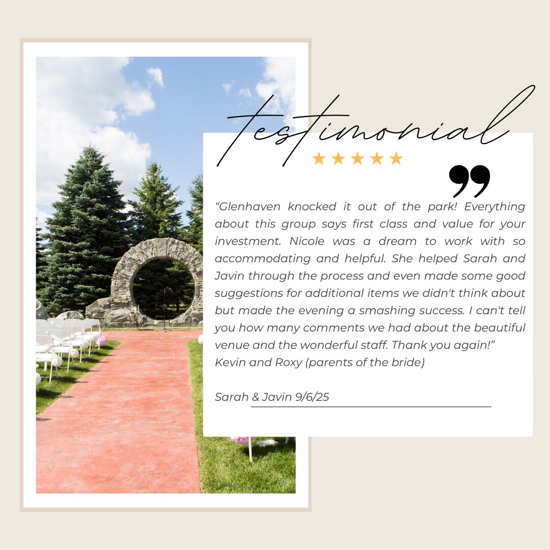 Five-star testimonial from Sarah & Javin praising Nicole and the first-class stone moon gate ceremony at Glenhaven Events, Farmington MN, September 2025