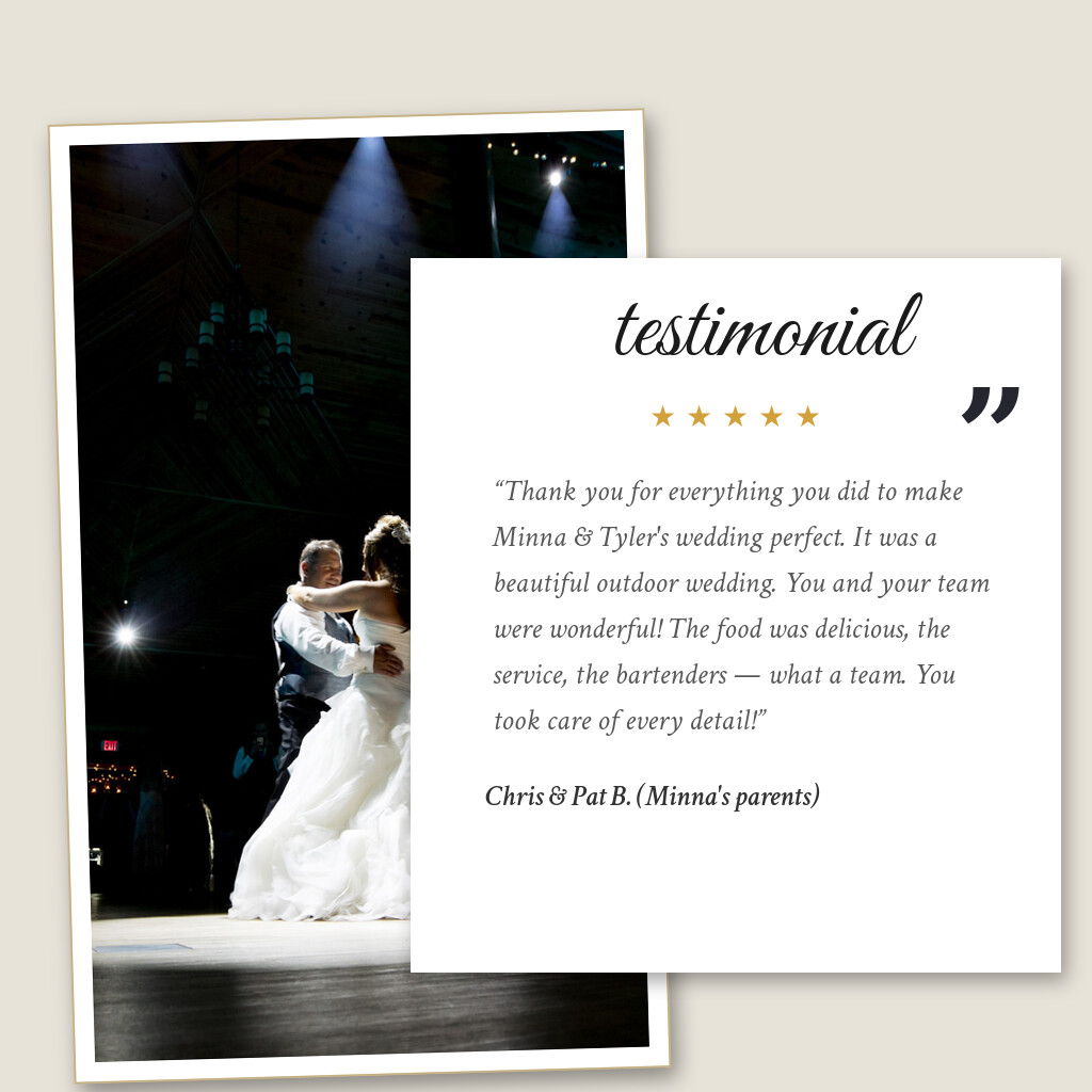 Five-star wedding testimonial from Chris & Pat B. (Minna's parents) for Glenhaven Events in Farmington, MN: “Thank you for everything you did to make Minna & Tyler's wedding perfect. It was a beautiful outdoor wedding. You and…”