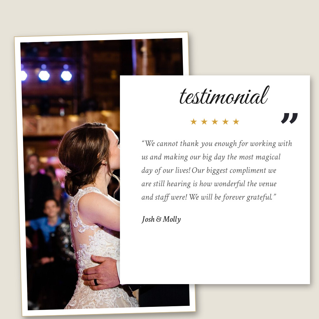 Five-star wedding testimonial from Josh & Molly for Glenhaven Events in Farmington, MN: “We cannot thank you enough for working with us and making our big day the most magical day of our lives! Our biggest…”