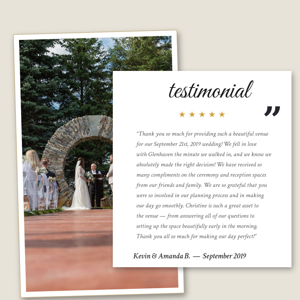 Five-star wedding testimonial from Kevin & Amanda B. for Glenhaven Events in Farmington, MN, September 2019: “Thank you so much for providing such a beautiful venue for our September 21st, 2019 wedding! We fell in love with…”