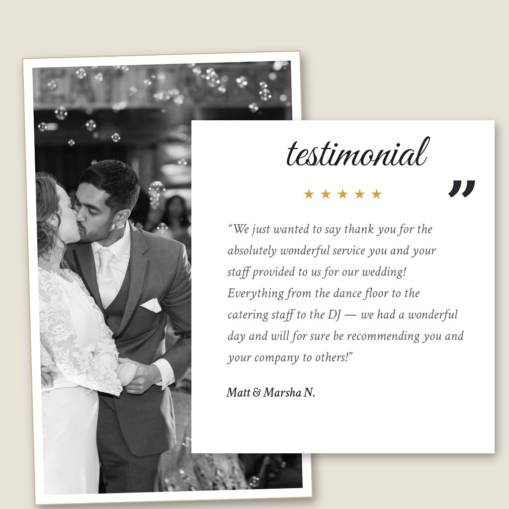 Five-star wedding testimonial from Matt & Marsha N. for Glenhaven Events in Farmington, MN: “We just wanted to say thank you for the absolutely wonderful service you and your staff provided to us for our…”