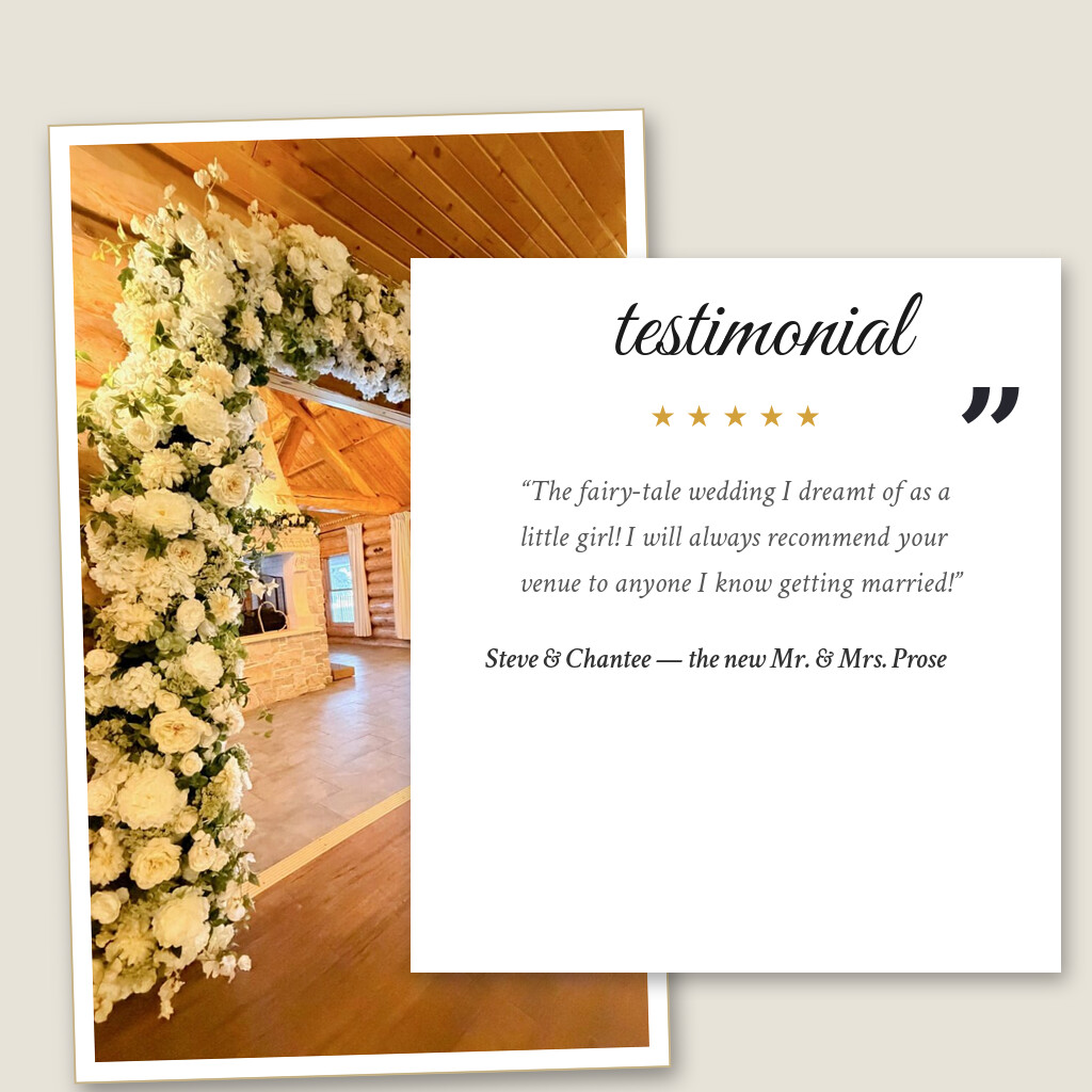 Five-star wedding testimonial from Steve & Chantee — the new Mr. & Mrs. Prose for Glenhaven Events in Farmington, MN: “The fairy-tale wedding I dreamt of as a little girl! I will always recommend your venue to anyone I know getting…”