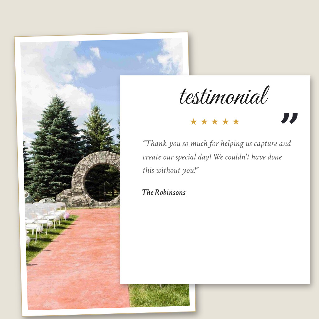 Five-star wedding testimonial from The Robinsons for Glenhaven Events in Farmington, MN: “Thank you so much for helping us capture and create our special day! We couldn't have done this without you!”