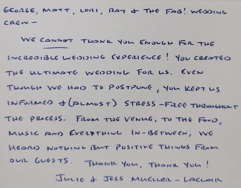 Handwritten thank-you note from Julie & Jess Mueller-LaClair thanking the Fab! Weddings crew for the incredible wedding experience at Royal Cliff in Eagan, MN