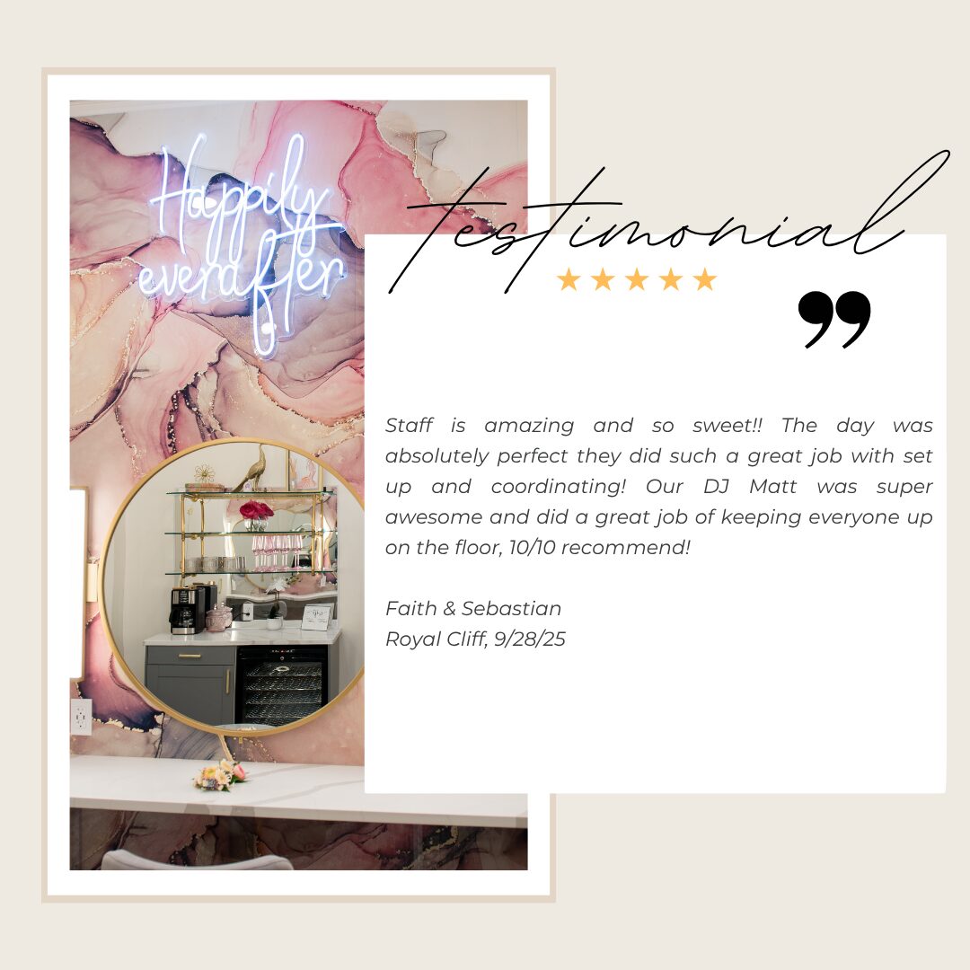 Five-star testimonial from Faith & Sebastian praising the staff, setup and DJ Matt at Royal Cliff, Eagan MN, September 2025