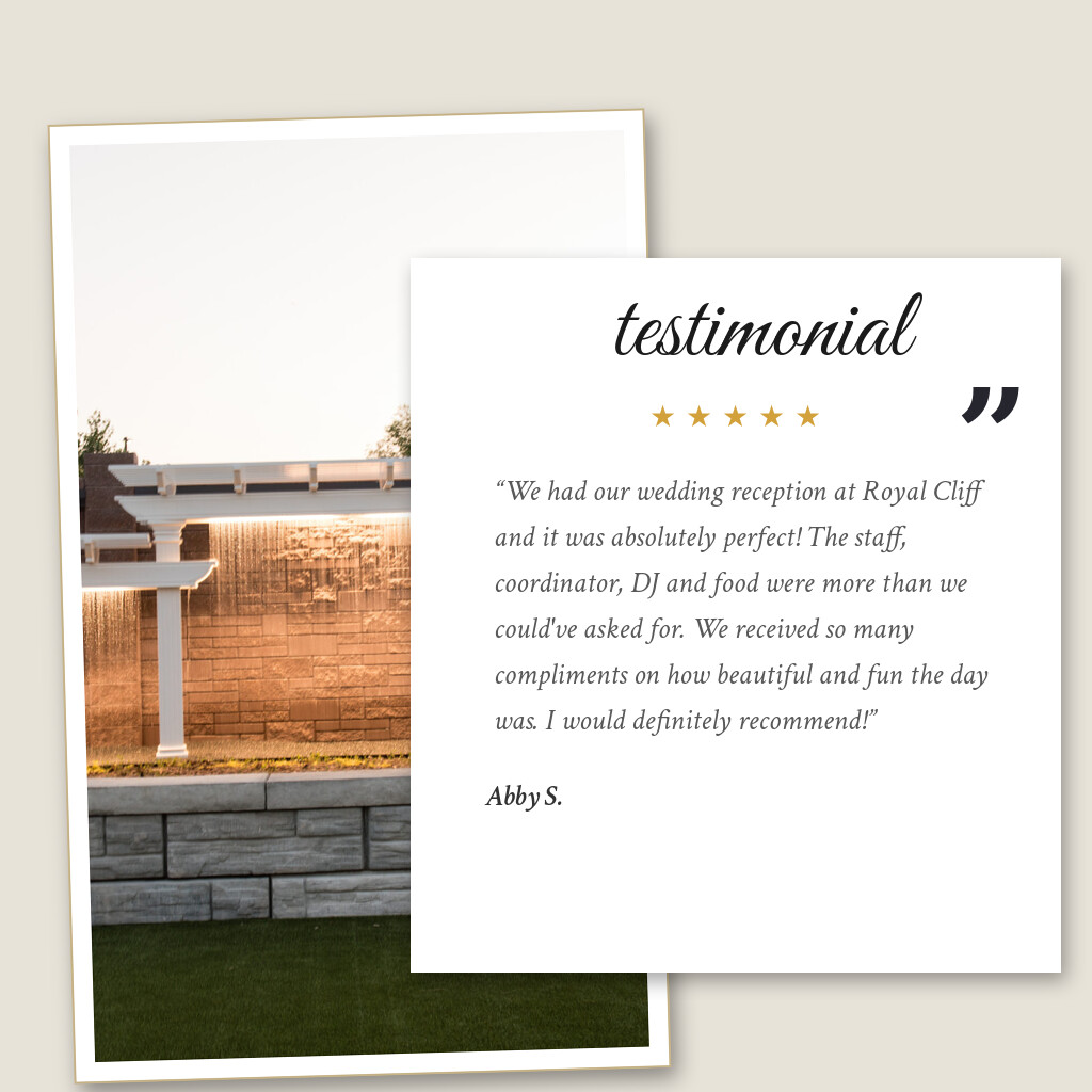 Five-star wedding testimonial from Abby S. for Royal Cliff in Eagan, MN: “We had our wedding reception at Royal Cliff and it was absolutely perfect! The staff, coordinator, DJ and food were…”