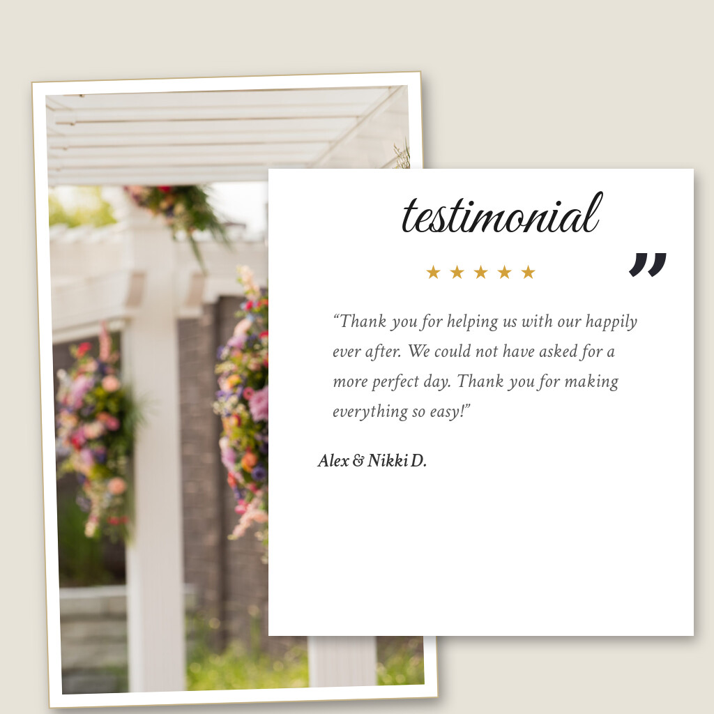 Five-star wedding testimonial from Alex & Nikki D. for Royal Cliff in Eagan, MN: “Thank you for helping us with our happily ever after. We could not have asked for a more perfect day. Thank you for…”