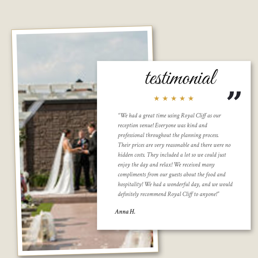 Five-star wedding testimonial from Anna H. for Royal Cliff in Eagan, MN: “We had a great time using Royal Cliff as our reception venue! Everyone was kind and professional throughout the…”