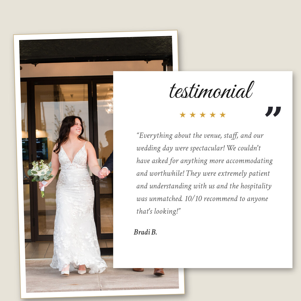 Five-star wedding testimonial from Bradi B. for Royal Cliff in Eagan, MN: “Everything about the venue, staff, and our wedding day were spectacular! We couldn't have asked for anything more…”