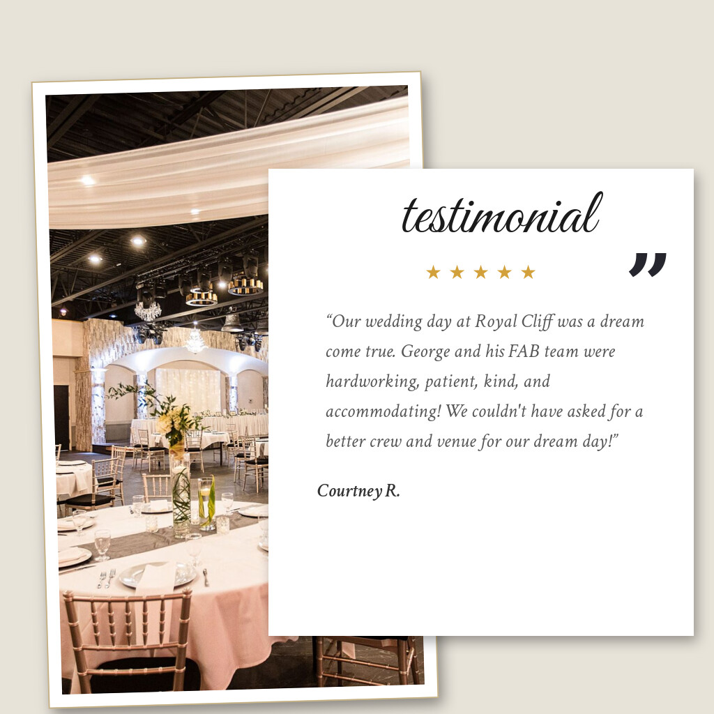 Five-star wedding testimonial from Courtney R. for Royal Cliff in Eagan, MN: “Our wedding day at Royal Cliff was a dream come true. George and his FAB team were hardworking, patient, kind, and…”