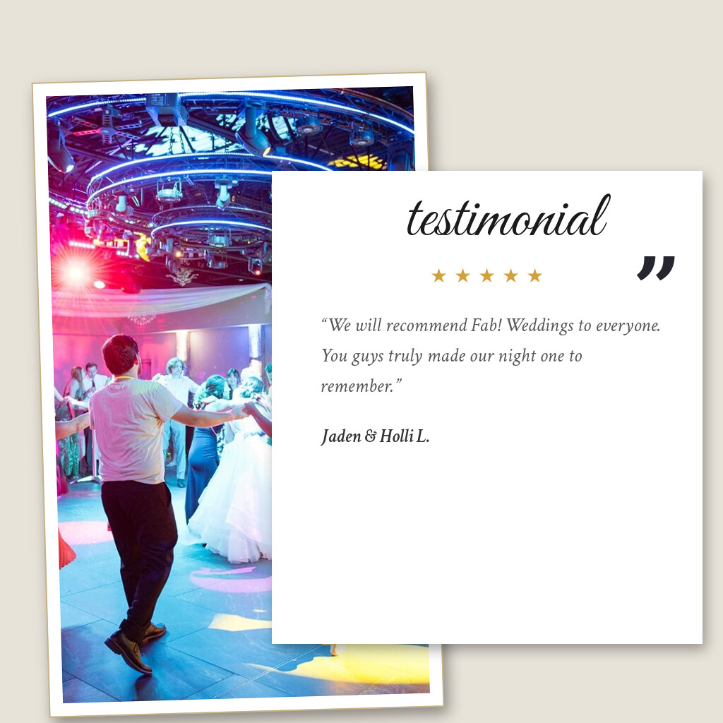 Five-star wedding testimonial from Jaden & Holli L. for Royal Cliff in Eagan, MN: “We will recommend Fab! Weddings to everyone. You guys truly made our night one to remember.”