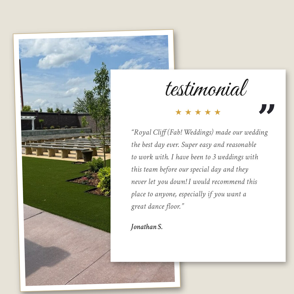 Five-star wedding testimonial from Jonathan S. for Royal Cliff in Eagan, MN: “Royal Cliff (Fab! Weddings) made our wedding the best day ever. Super easy and reasonable to work with. I have been…”