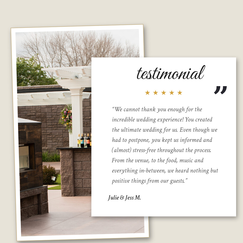 Five-star wedding testimonial from Julie & Jess M. for Royal Cliff in Eagan, MN: “We cannot thank you enough for the incredible wedding experience! You created the ultimate wedding for us. Even…”