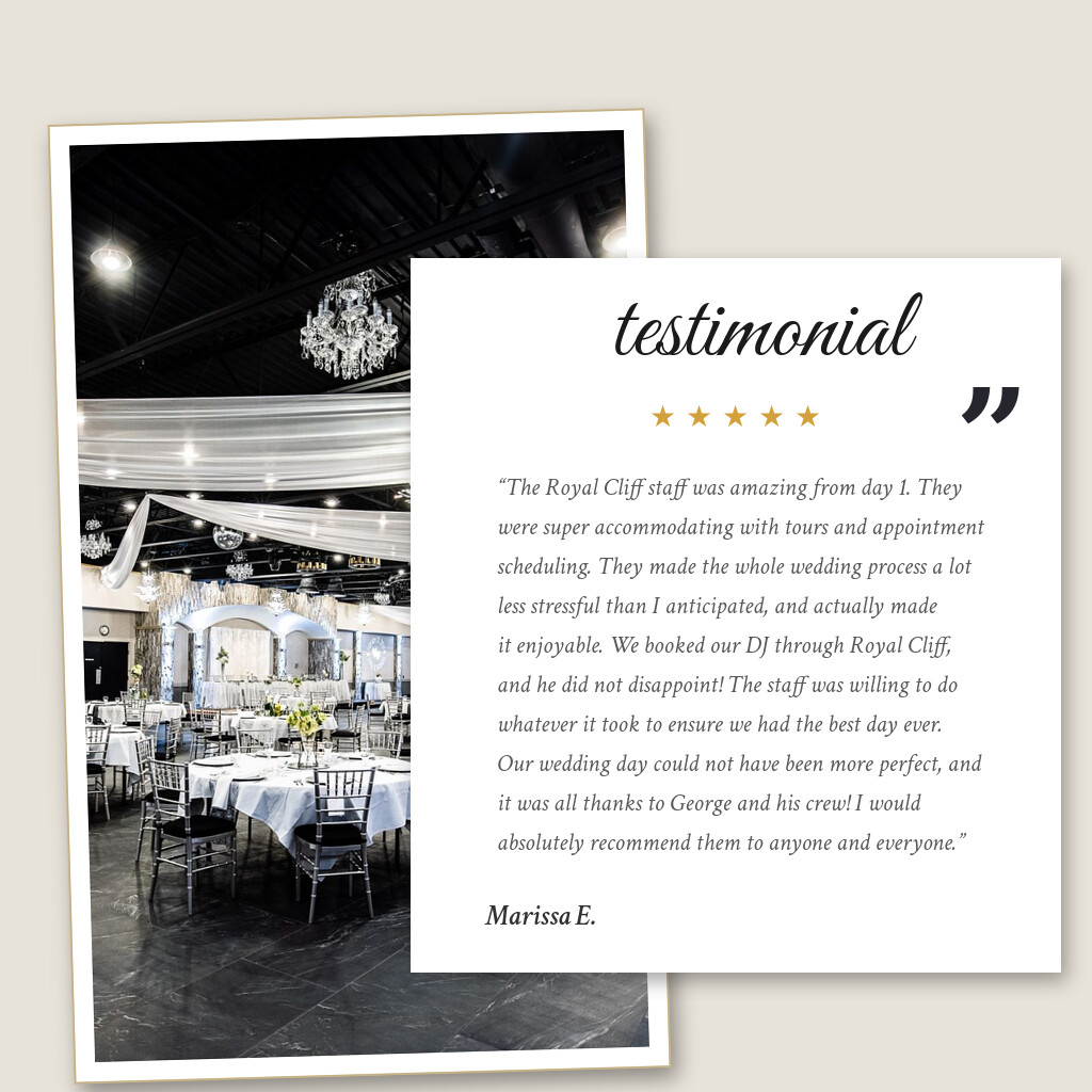 Five-star wedding testimonial from Marissa E. for Royal Cliff in Eagan, MN: “The Royal Cliff staff was amazing from day 1. They were super accommodating with tours and appointment scheduling…”