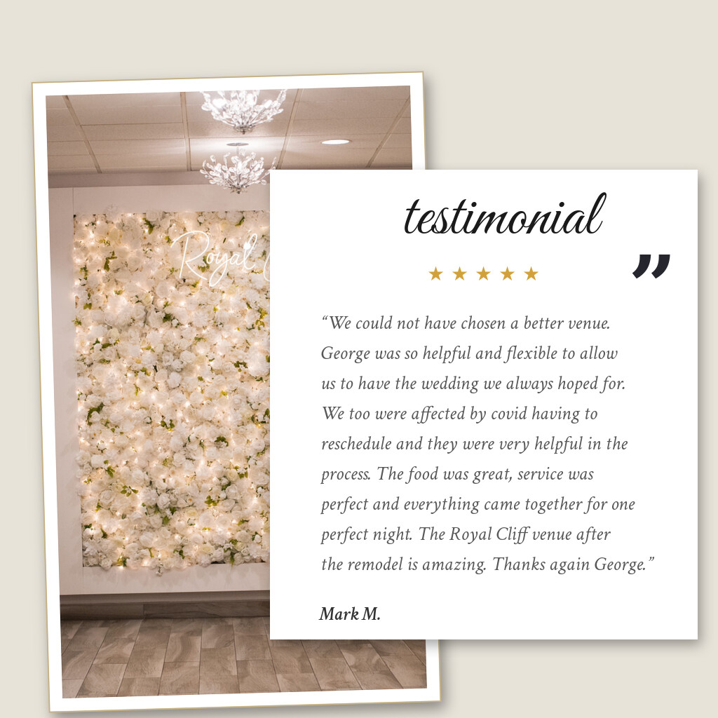 Five-star wedding testimonial from Mark M. for Royal Cliff in Eagan, MN: “We could not have chosen a better venue. George was so helpful and flexible to allow us to have the wedding we always…”