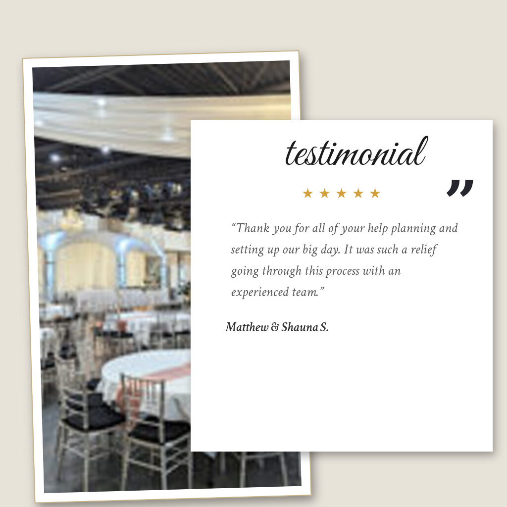 Five-star wedding testimonial from Matthew & Shauna S. for Royal Cliff in Eagan, MN: “Thank you for all of your help planning and setting up our big day. It was such a relief going through this process…”
