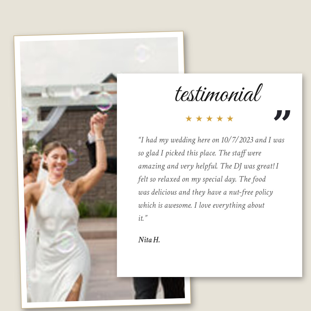 Five-star wedding testimonial from Nita H. for Royal Cliff in Eagan, MN: “I had my wedding here on 10/7/2023 and I was so glad I picked this place. The staff were amazing and very helpful…”