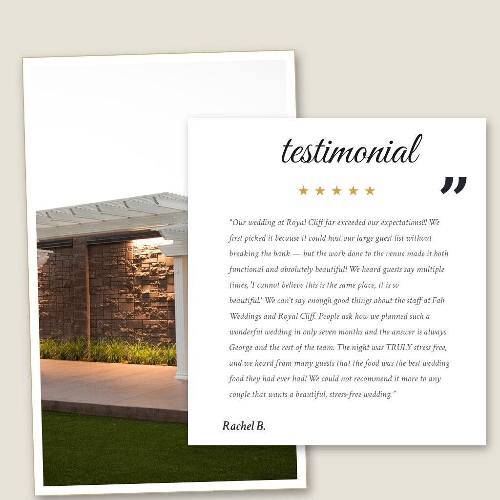 Five-star wedding testimonial from Rachel B. for Royal Cliff in Eagan, MN: “Our wedding at Royal Cliff far exceeded our expectations!!! We first picked it because it could host our large guest…”