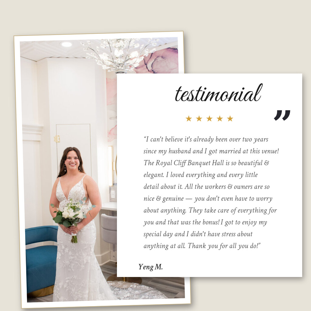 Five-star wedding testimonial from Yeng M. for Royal Cliff in Eagan, MN: “I can't believe it's already been over two years since my husband and I got married at this venue! The Royal Cliff…”